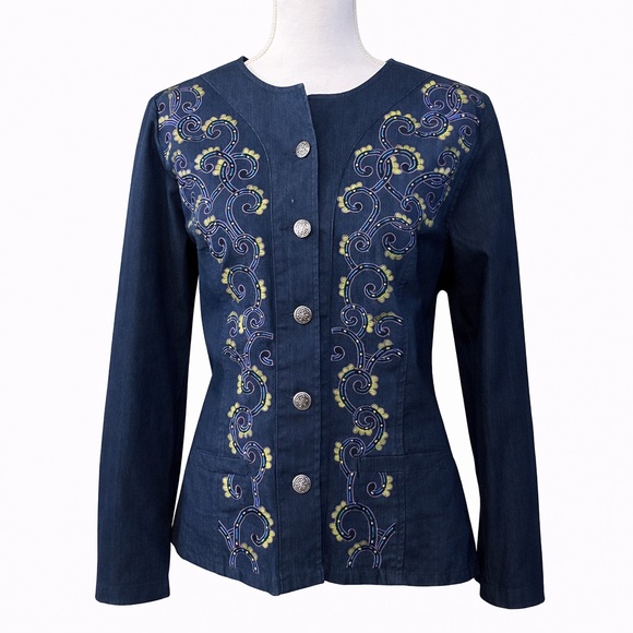 Choices Jackets & Blazers - 🌿✨ Choices Embroidered Denim Jacket Silver Buttons Size Large L ✨🌿